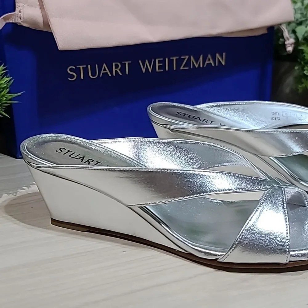 Stuart Weitzman Miami 50 Wedge Slide Silver 7.5 B NEW - Picture 4 of 9